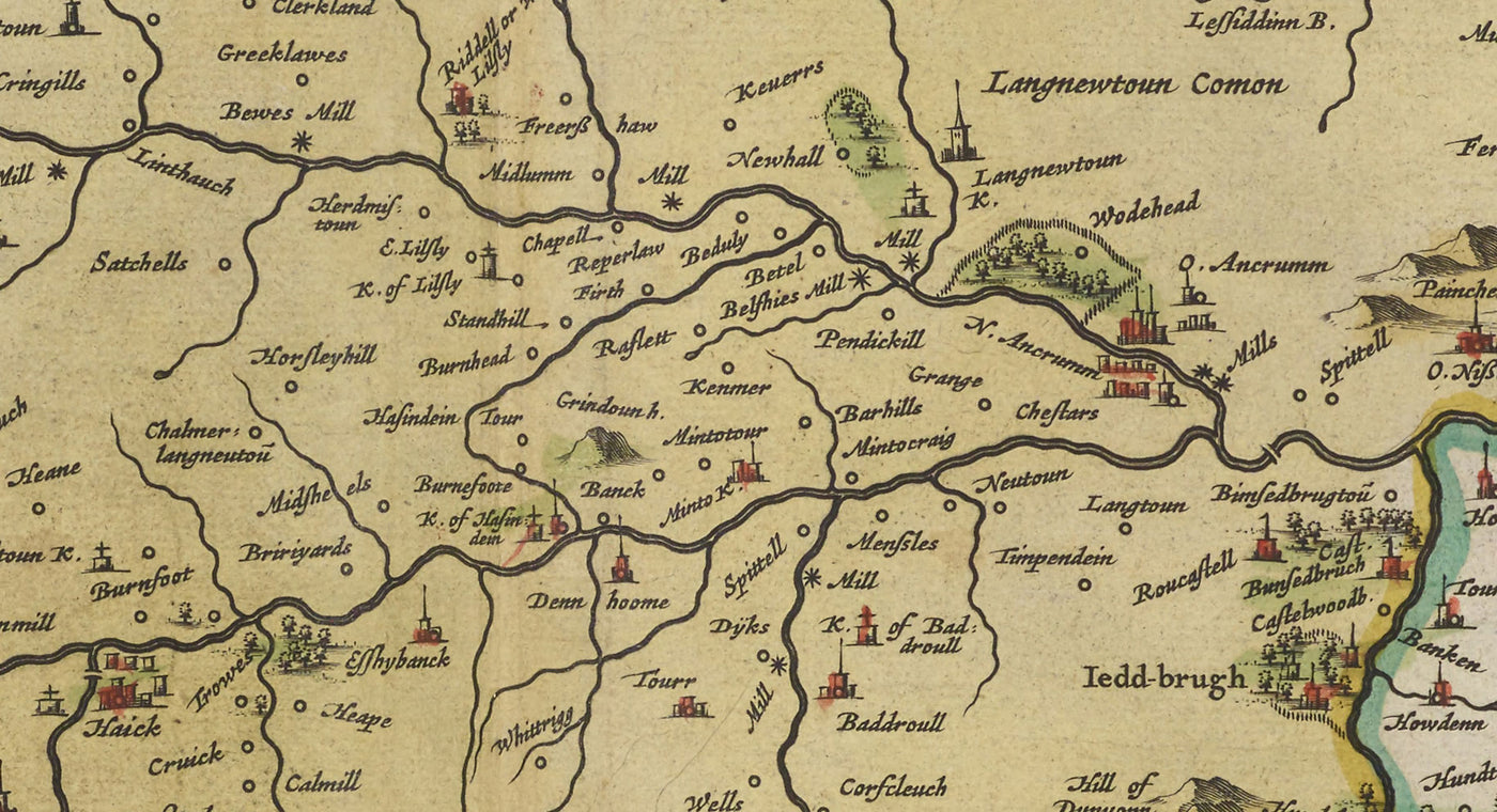 Old Roxburgh Old Map of Roxburghshire in 1665 by Joan Blaeu - Roxburgh, Branxholm ...