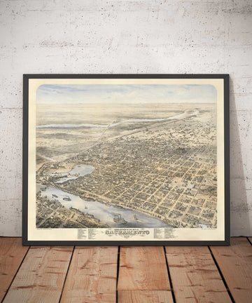 Old Birds Eye Map of Sacramento by Augustus Koch, 1870 - Downtown, Midtown, California Capitol
