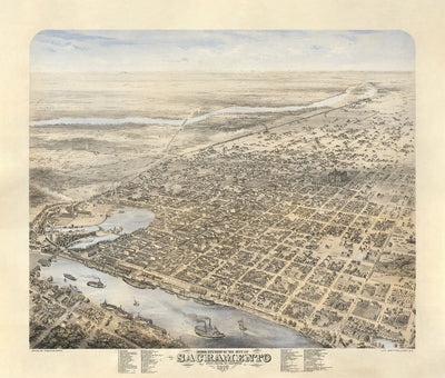 Old Birds Eye Map of Sacramento by Augustus Koch, 1870 - Downtown, Midtown, California Capitol