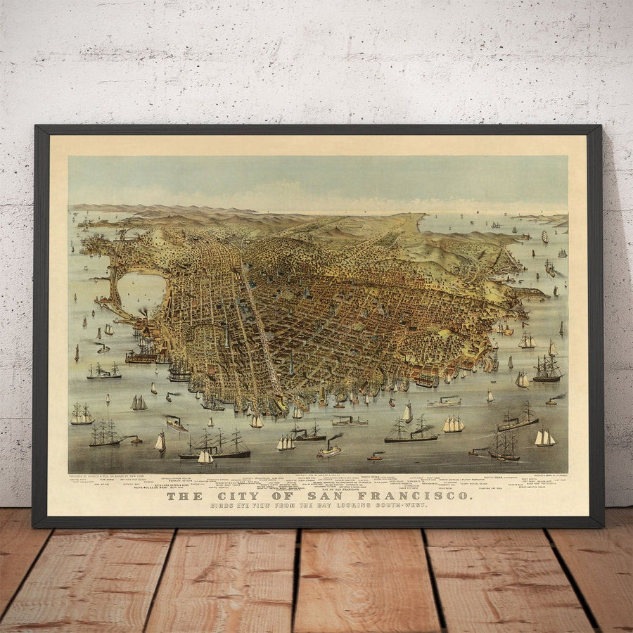 Mappa antica di Birds Eye di San Francisco nel 1878 - Bay Area, Golden Gate, Corsa all&
