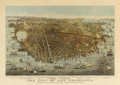 Old Birds Eye Map of San Francisco in 1878 - Bay Area, Golden Gate, Gold Rush, Mission Bay, North Beach