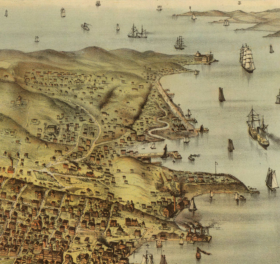 Mappa antica di Birds Eye di San Francisco nel 1878 - Bay Area, Golden Gate, Corsa all&