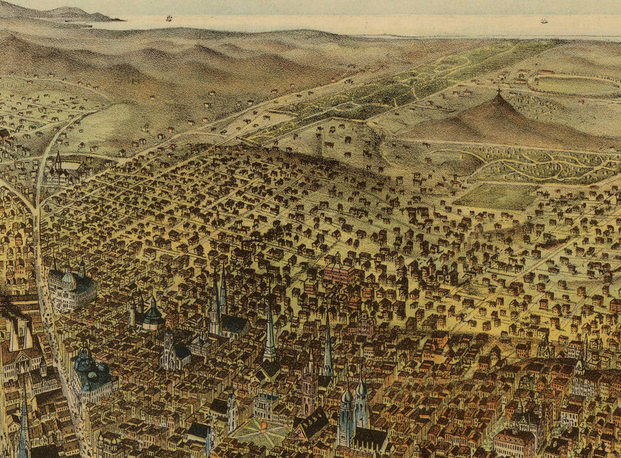 Mappa antica di Birds Eye di San Francisco nel 1878 - Bay Area, Golden Gate, Corsa all&