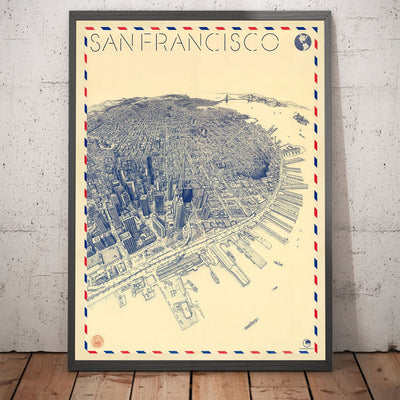 Old Birds Eye Map of San Francisco in 1982 - Skyscrapers, Bay Area, Golden Gate Bridge, Financial District, Nob Hill