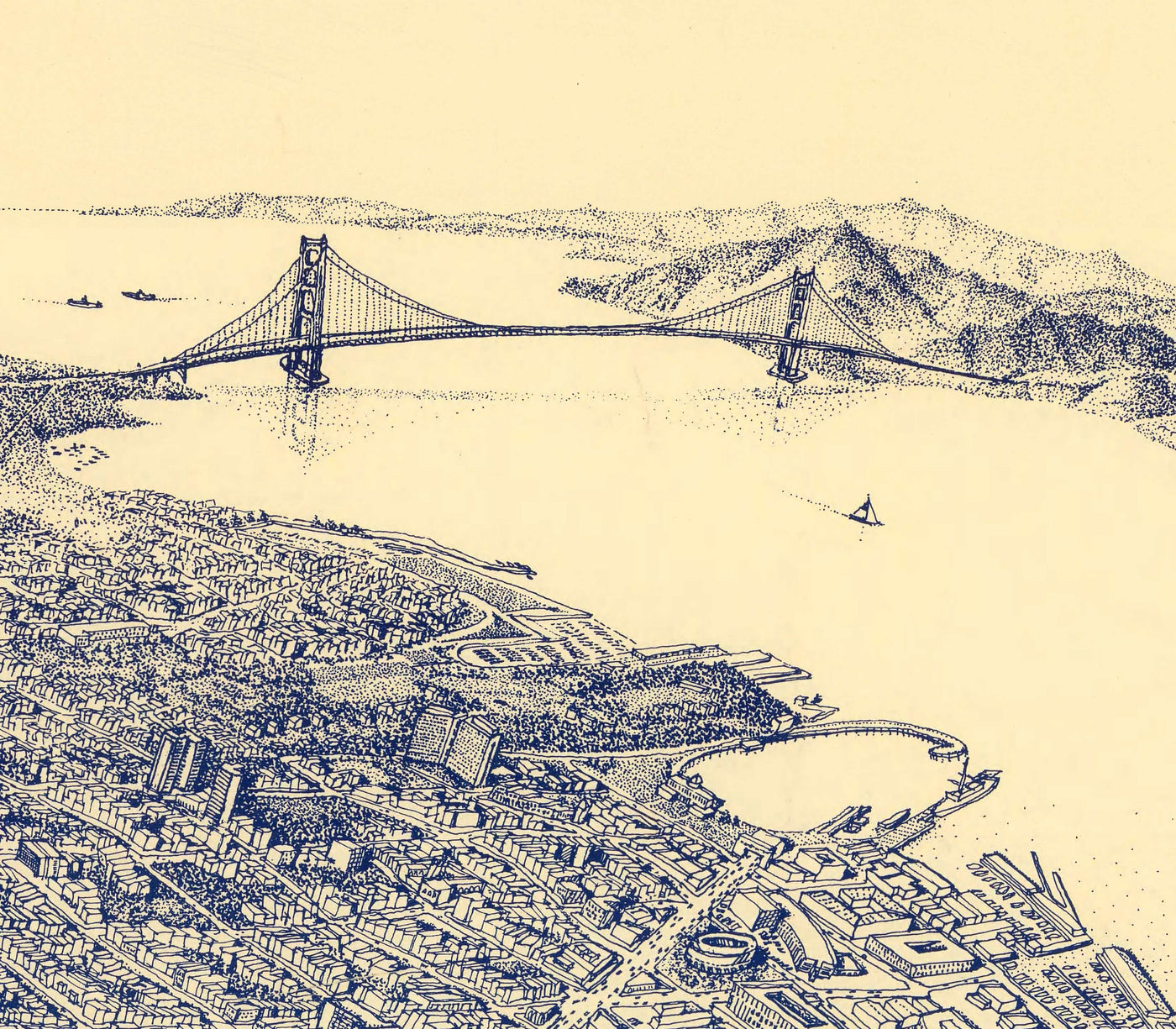 Old Birds Eye Map of San Francisco in 1982 - Skyscrapers, Bay Area, Golden Gate Bridge, Financial District, Nob Hill