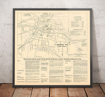 Old Street Map of Santa Fe, New Mexico, 1925 - Rare City Chart of State Capital