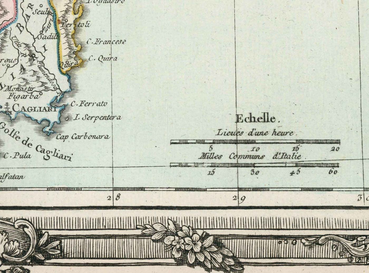 Old Map of Sardinia & Corsica in 1786 by Louis Charles Desnos - Sassari, Cagliari, Porto-Vecchio, Bastia, Oristano