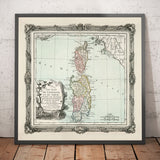 Ancienne carte de la Sardaigne et de la Corse en 1786 par Louis Charles Desnos - Sassari, Cagliari, Porto-Vecchio, Bastia, Oristano