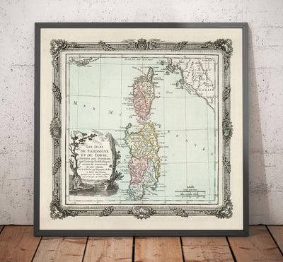 Old Map of Sardinia & Corsica in 1786 by Louis Charles Desnos - Sassari, Cagliari, Porto-Vecchio, Bastia, Oristano