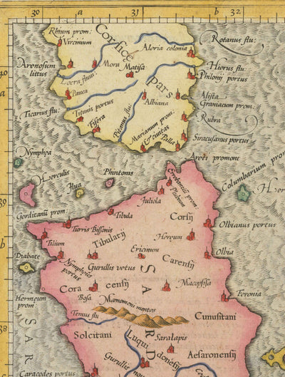 Old Map of Sardinia and Sicily in 1584 by Gerard Mercator - Italy, Cagliari, Catania, Palermo, Sassari
