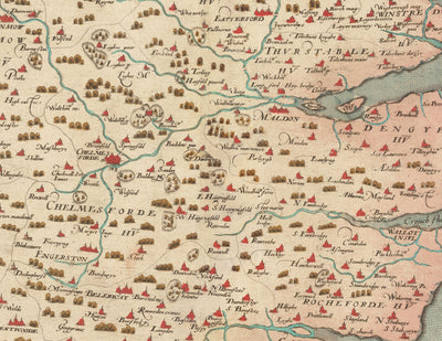 Old Map of Essex 1579 by Christopher Saxton - First Map of Essex -  Southend, Colchester, Chelmsford, Romford, Dagenham, Brentwood