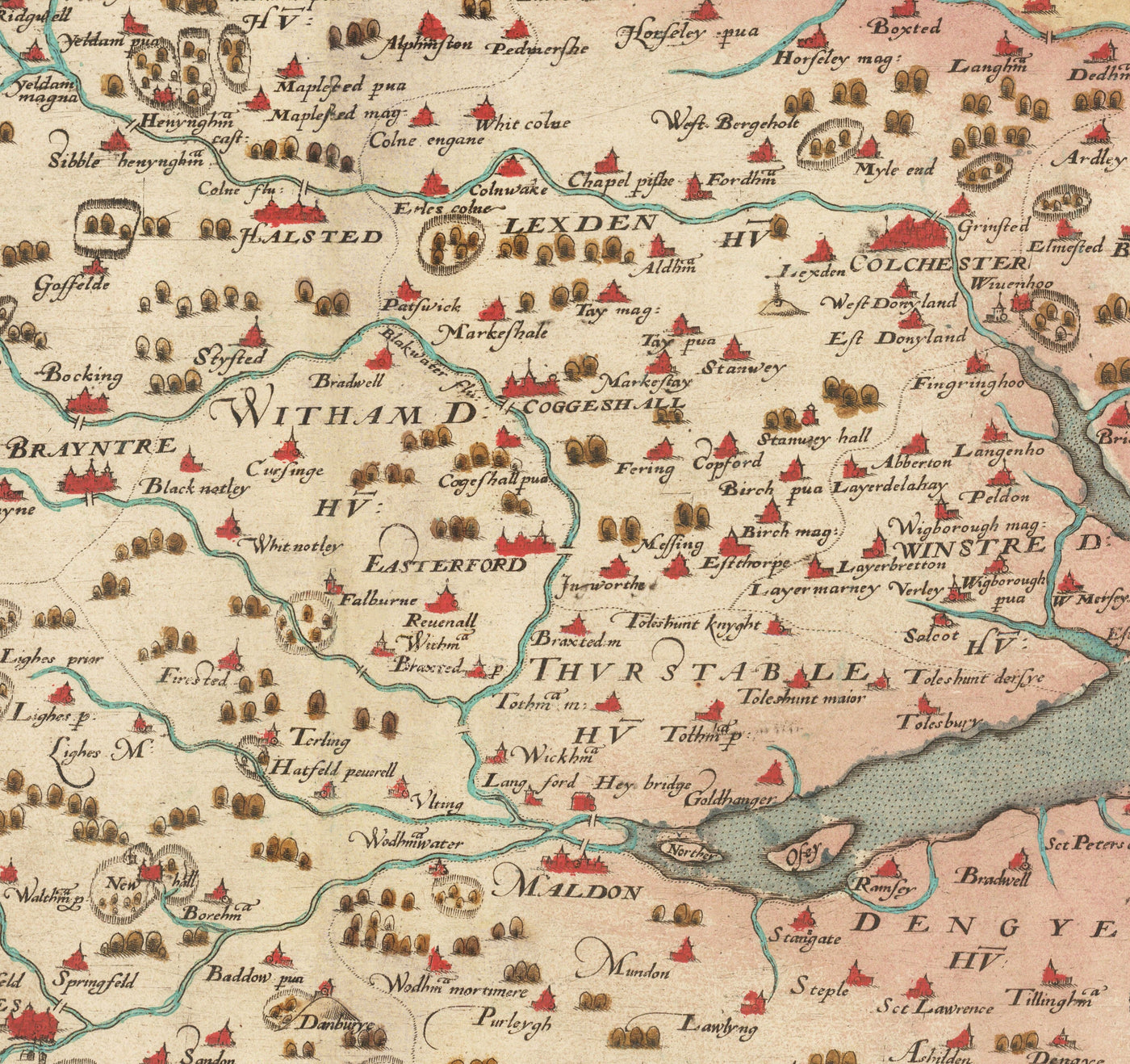 Old Map of Essex 1579 by Christopher Saxton - First Map of Essex -  Southend, Colchester, Chelmsford, Romford, Dagenham, Brentwood