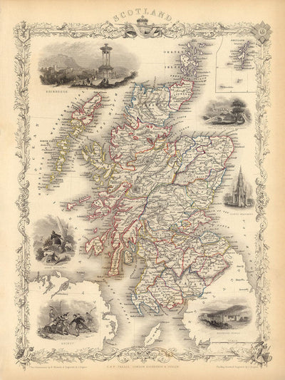Old Map of Scotland in 1851 by J. Tallis - Vintage Wall Art, Antique Map of Scottish Counties