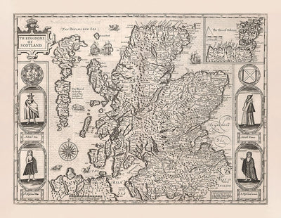 Old Monochrome Map of Scotland, 1611 by John Speed - Orkney, Shetland, Highlands, Outer Hebrides, Skye, Loch Ness
