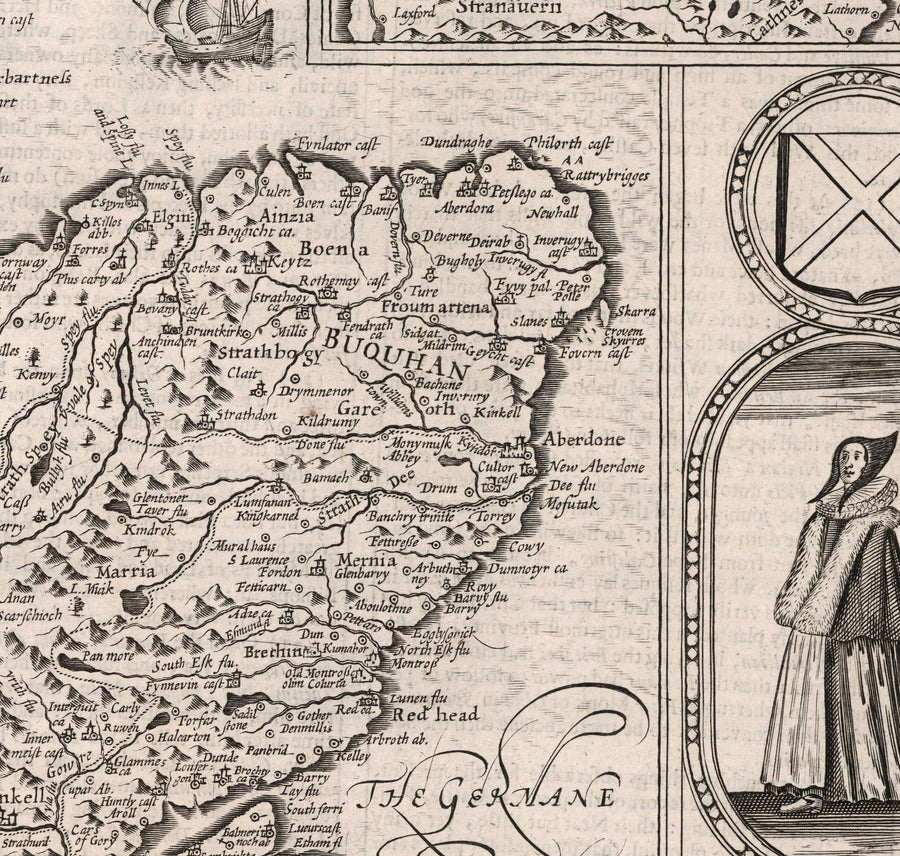 Vecchia mappa monocromatica della Scozia, 1611 di John Speed - Orcadi, Shetland, Highlands, Ebridi Esterne, Skye, Loch Ness 