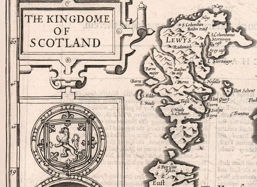 Vecchia mappa monocromatica della Scozia, 1611 di John Speed - Orcadi, Shetland, Highlands, Ebridi Esterne, Skye, Loch Ness 