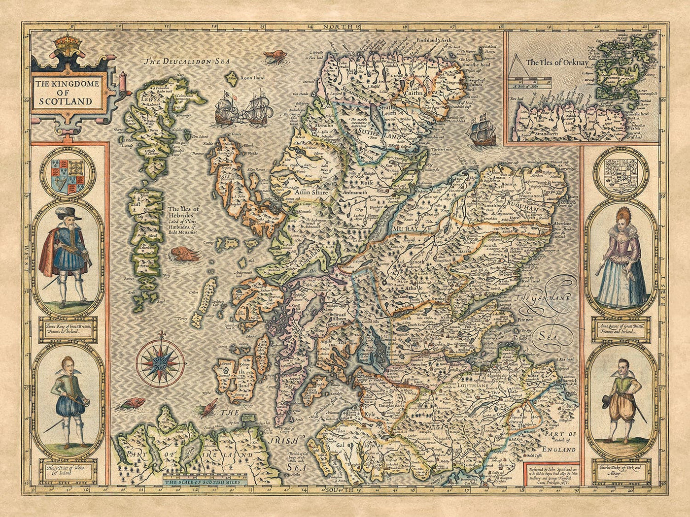 Old Map of Scotland in 1611 by John Speed - Orkney, Shetland, Highlands, Skye, Loch Ness