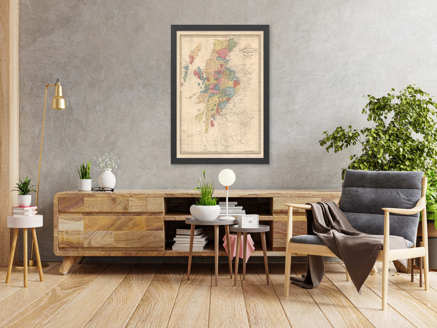 Mappa dei Clan della Scozia - Mappa a colori rara delle Highlands di Scozia di WH Lizars, 1822 