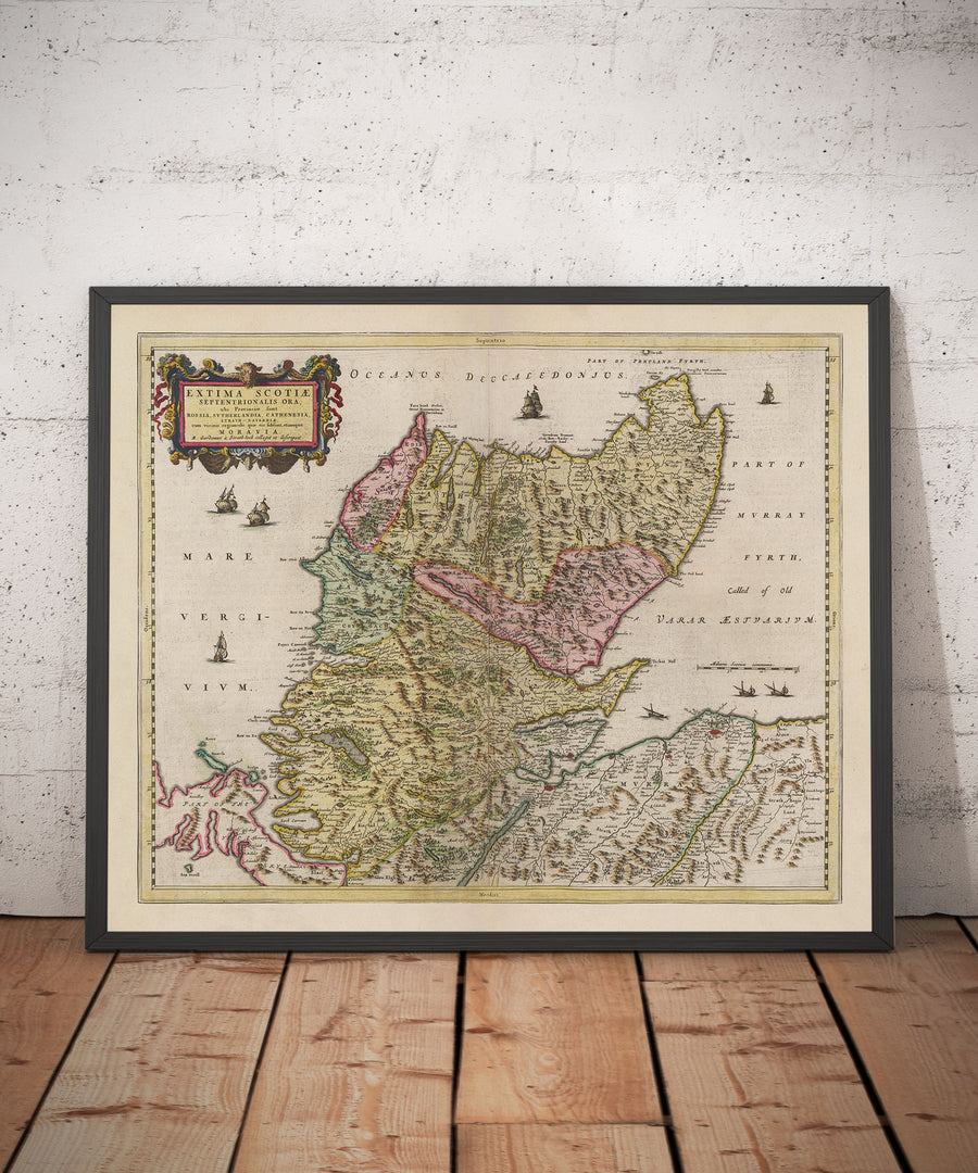 Mappa antica delle Highlands scozzesi, 1665 di Blaeu - Caithness, Sutherland, Ross, Nairn, Inverness, Moray 