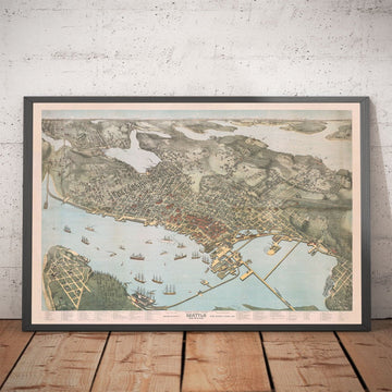 Mappa antica rara di Seattle di Augustus Koch, 1891 - Centro, Capitol Hill, Central District, Laghi, Montagne, Storia del Washington 