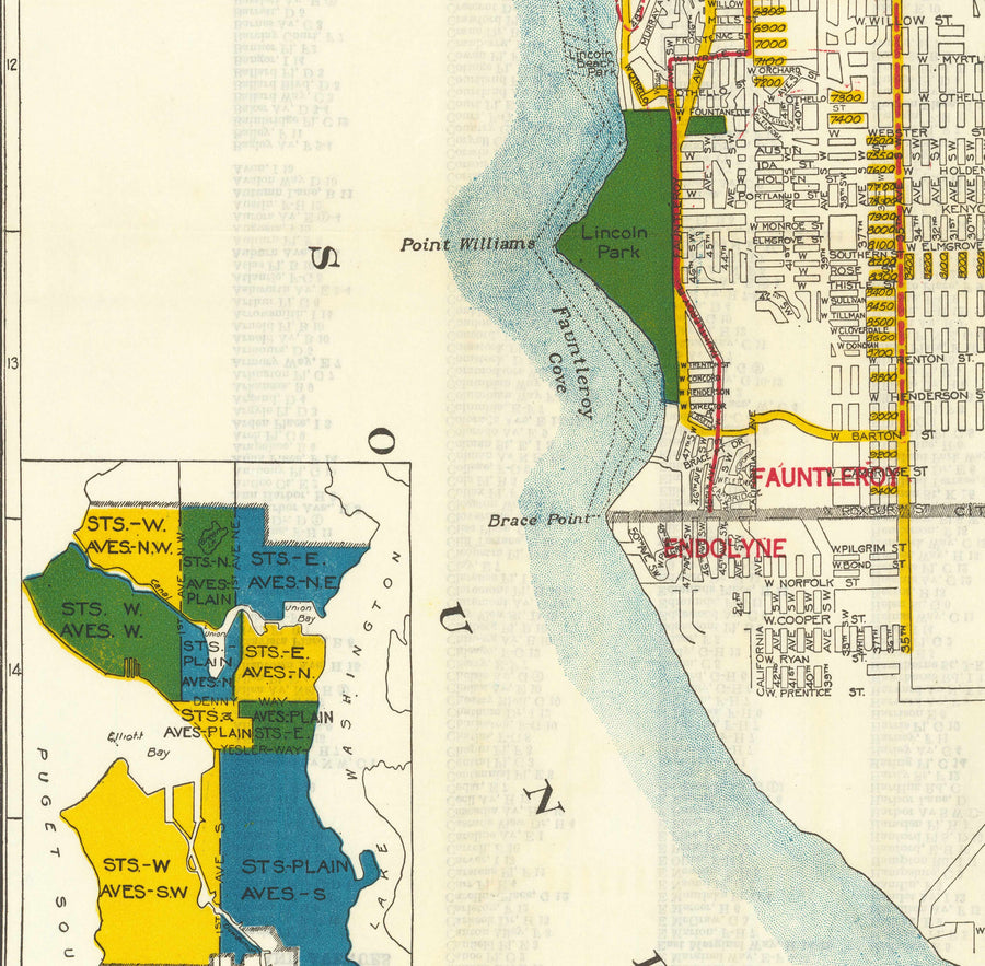 Rara Mappa Antica di Seattle, Washington, 1929 - Centro, Laghi, Puget, Canali, Isola di Mercer 