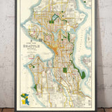 Rare Old Map of Seattle, Washington, 1929 - Downtown, Lakes, Puget, Canals, Mercer Island