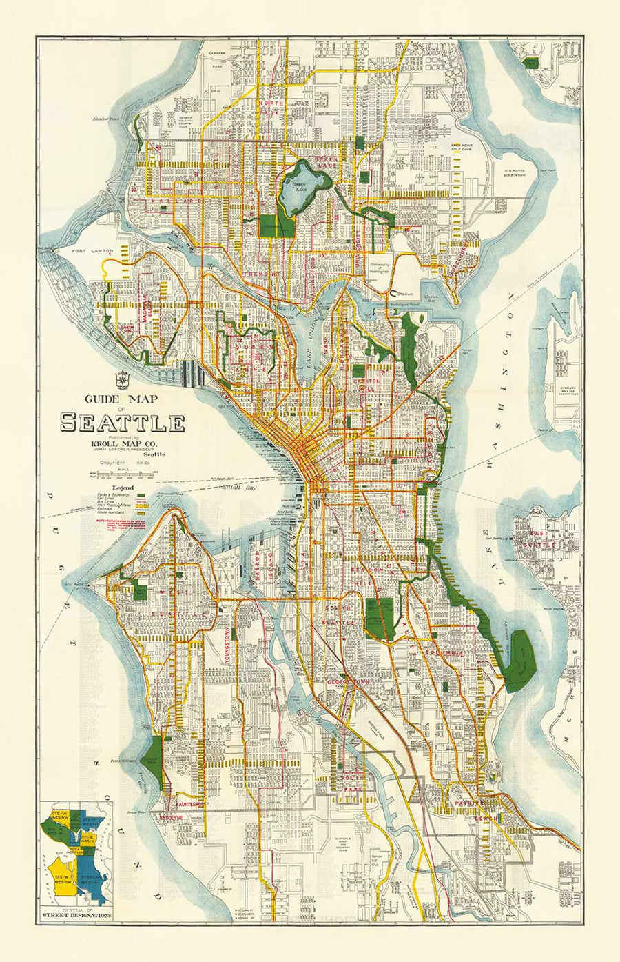 Rara Mappa Antica di Seattle, Washington, 1929 - Centro, Laghi, Puget, Canali, Isola di Mercer 