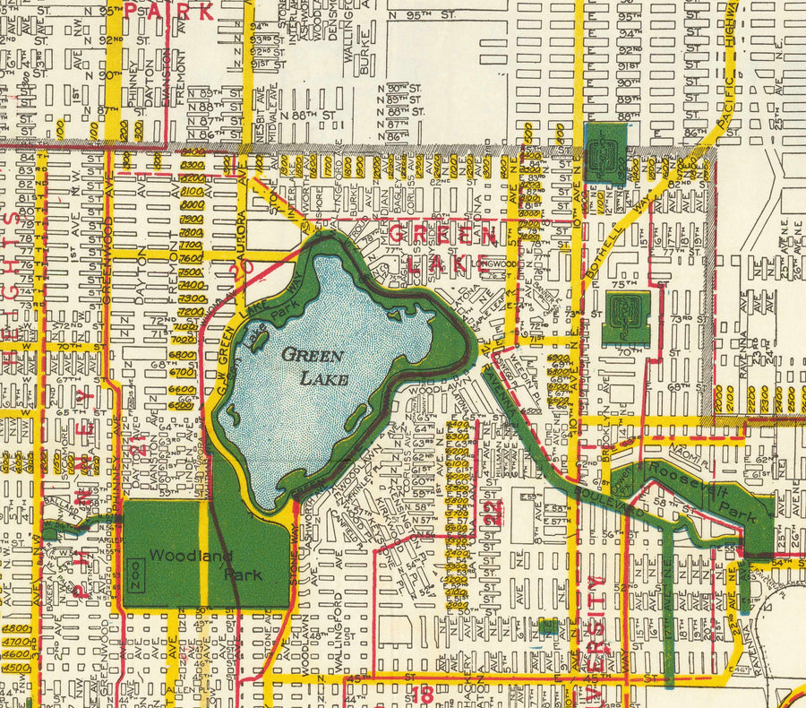 Rara Mappa Antica di Seattle, Washington, 1929 - Centro, Laghi, Puget, Canali, Isola di Mercer 