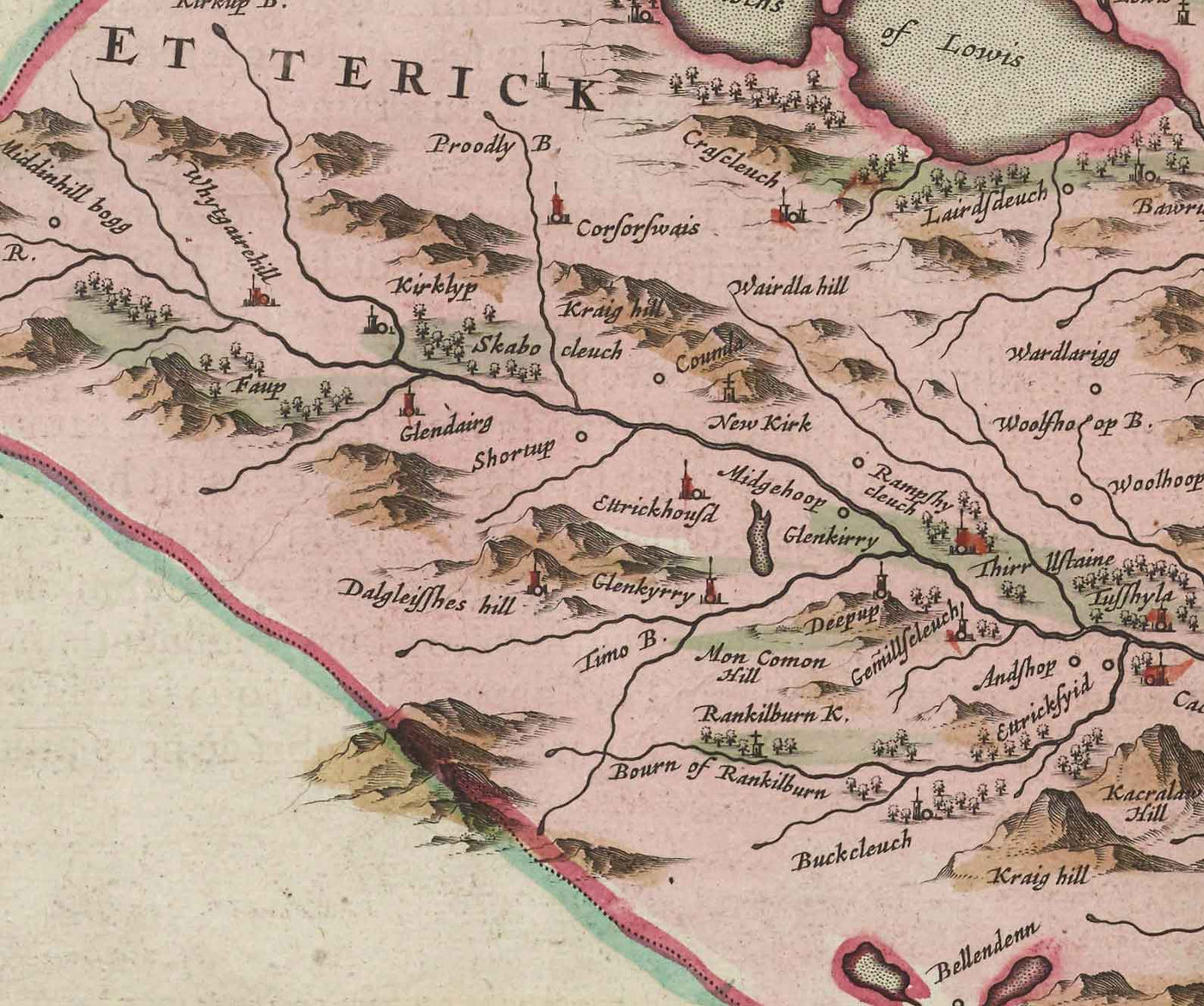 Ancienne carte du Selkirkshire en 1665 par Joan Blaeu - Selkirk, Lindean, Darnick, River Tweed, Peebles