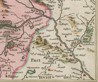 Ancienne carte du Selkirkshire en 1665 par Joan Blaeu - Selkirk, Lindean, Darnick, River Tweed, Peebles
