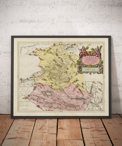 Antiguo mapa de Selkirkshire en 1665 por Joan Blaeu - Selkirk, Lindean, Darnick, Río Tweed, Peebles