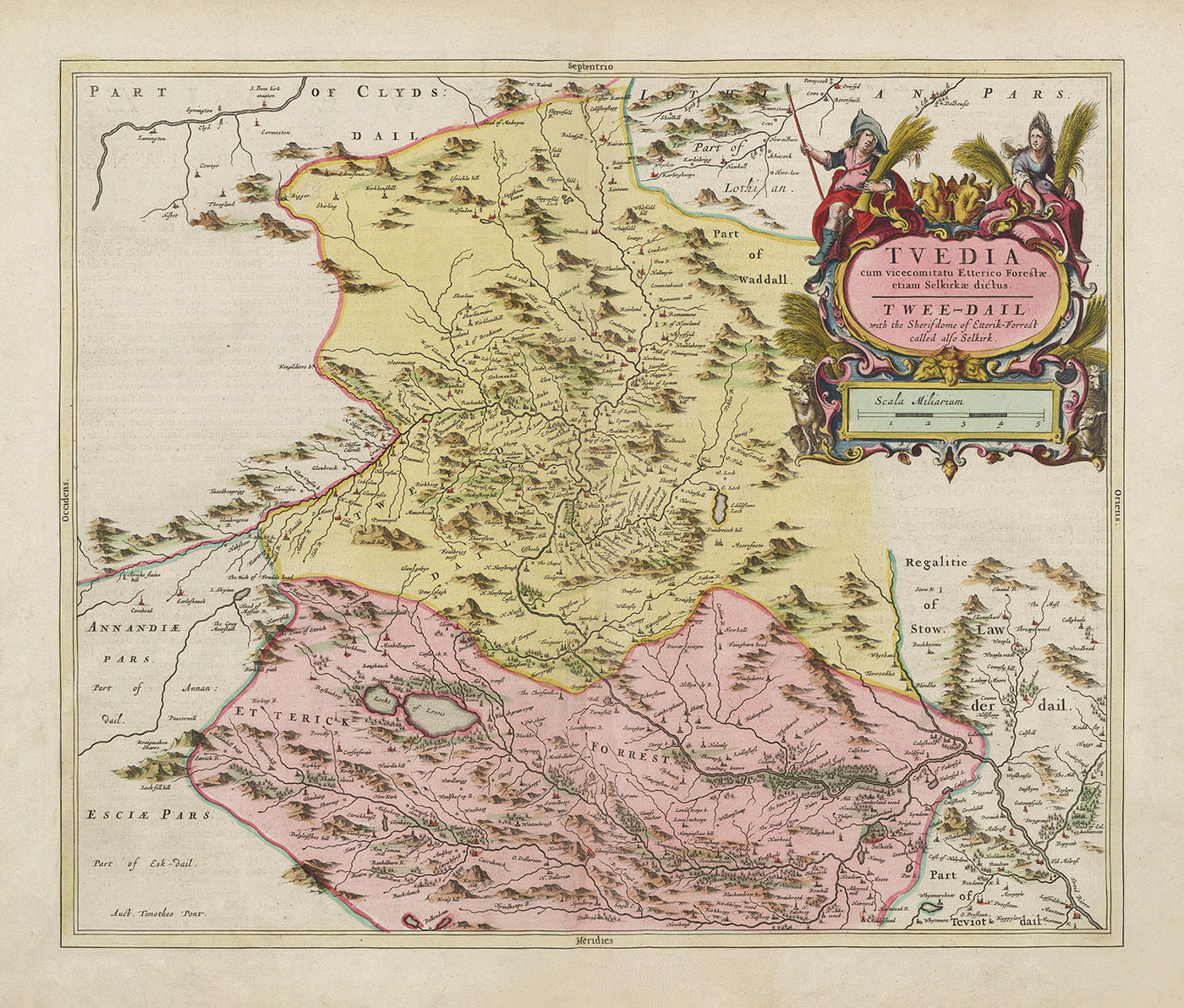 Alte Karte von Selkirkshire im Jahr 1665 von Joan Blaeu - Selkirk, Lindean, Darnick, Fluss Tweed, Peebles