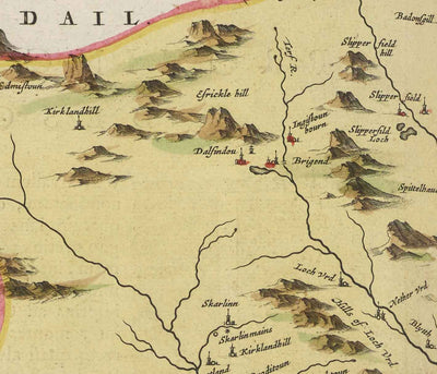 Old Map of Selkirkshire in 1665 by Joan Blaeu - Selkirk, Lindean, Darnick, River Tweed, Peebles