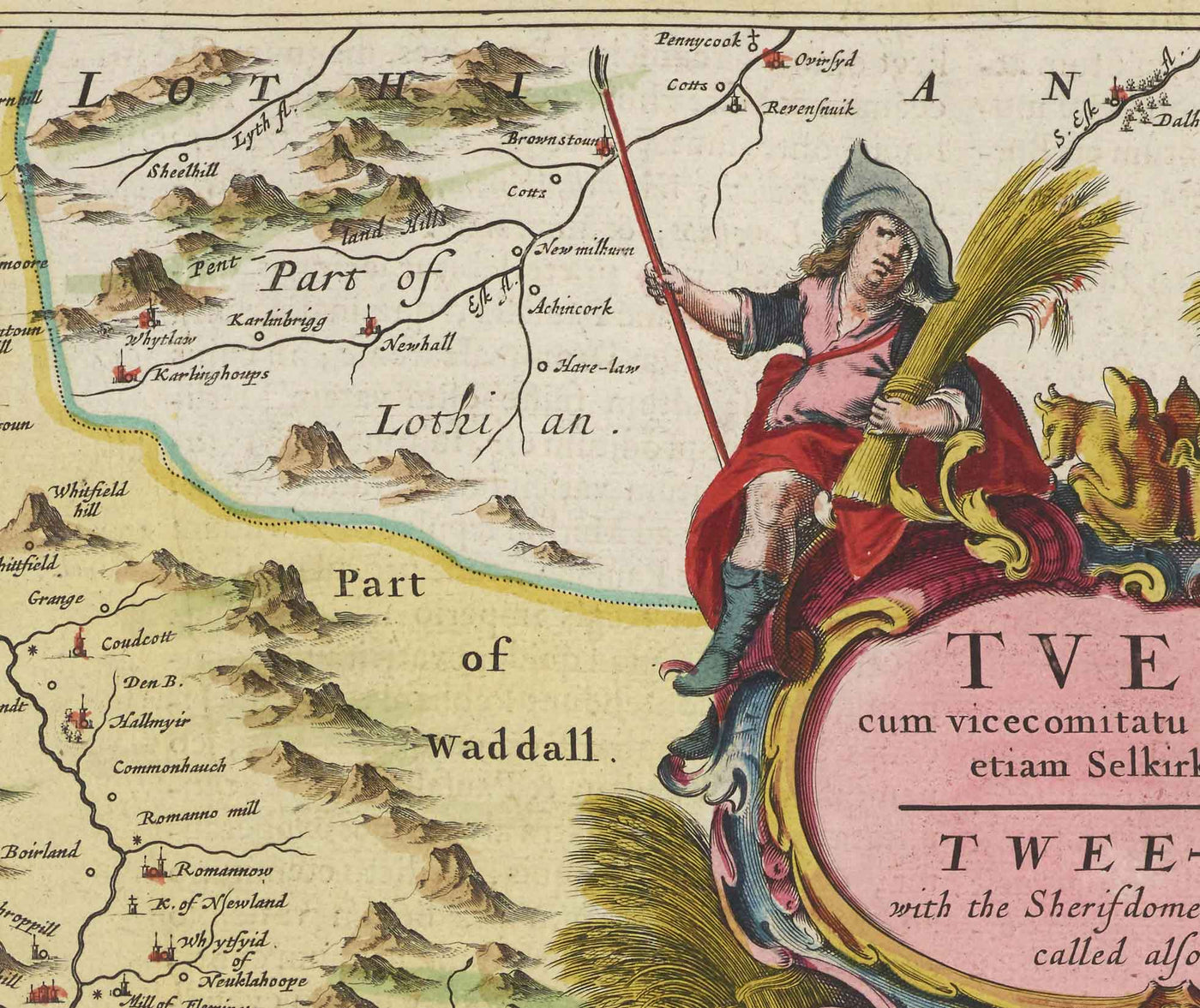 Antiguo mapa de Selkirkshire en 1665 por Joan Blaeu - Selkirk, Lindean, Darnick, Río Tweed, Peebles