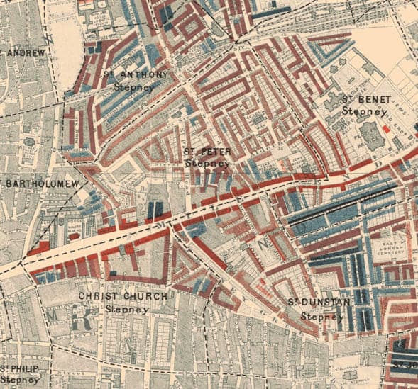 Map of London Poverty 1898-9, Eastern District, by Charles Booth - Isle of Dogs, Surrey Quays, West India, Canary Wharf - E3, E14, SE16, SE8, SE10