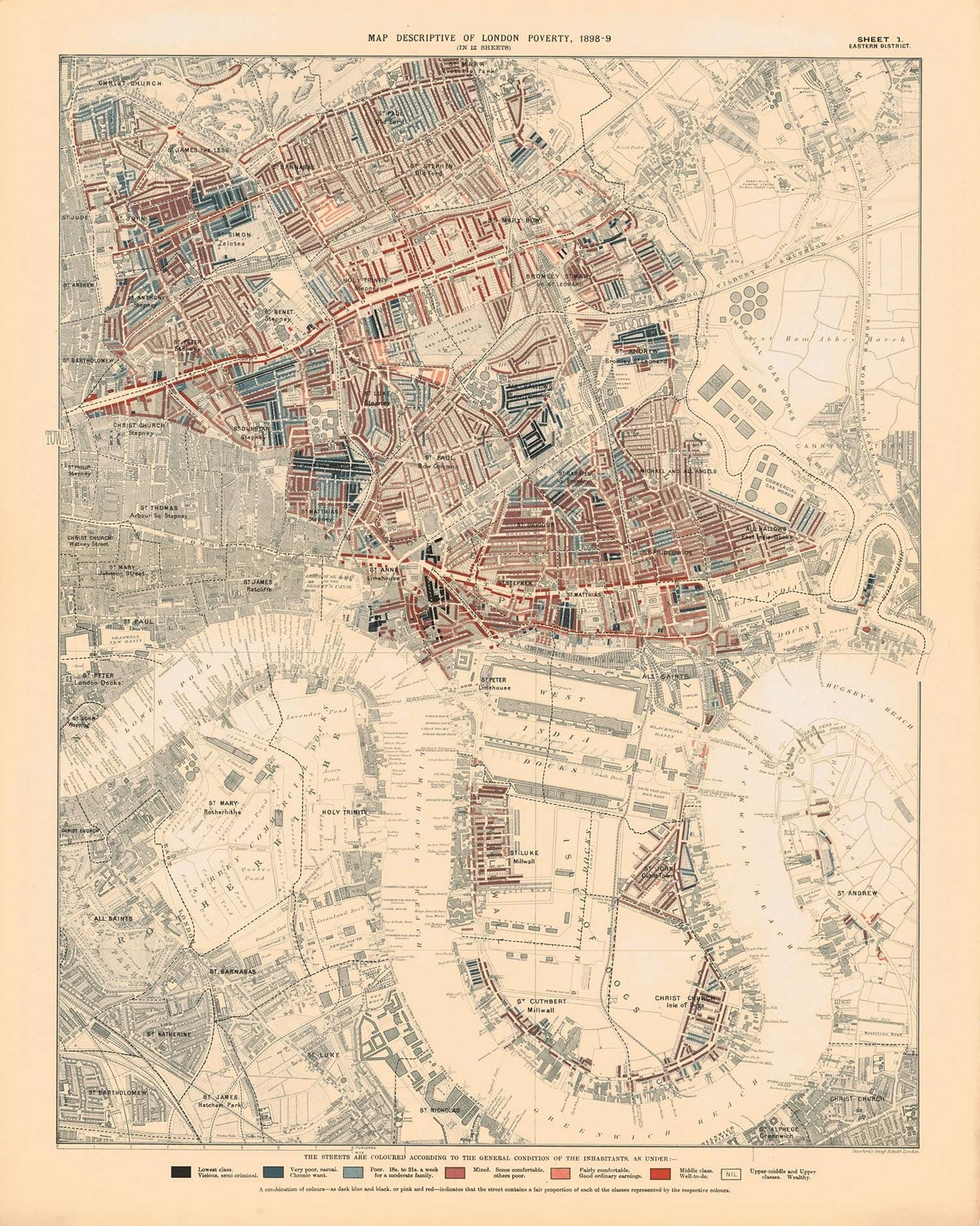 Map of London Poverty 1898-9, Eastern District, by Charles Booth - Isle of Dogs, Surrey Quays, West India, Canary Wharf - E3, E14, SE16, SE8, SE10