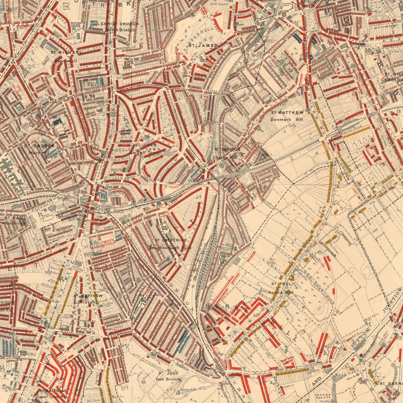 Map of London Poverty 1898-9, Outside Southern District, by Charles Booth - Oval, Brixton, Herne Hill, Lambeth - SW8, SW9, SW2, SE5, SE24, SE22, SE15