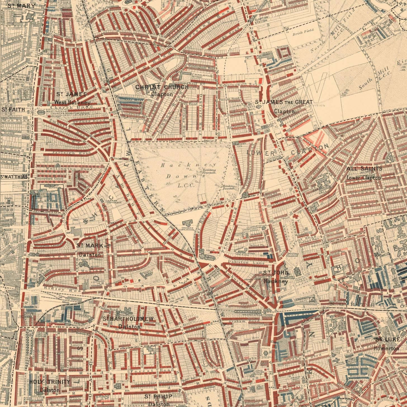 Map of London Poverty 1898-9, North Eastern District, by Charles Booth - Hackney, London Fields, Clapton, Marshes - E5, E8, E9, E3, N16