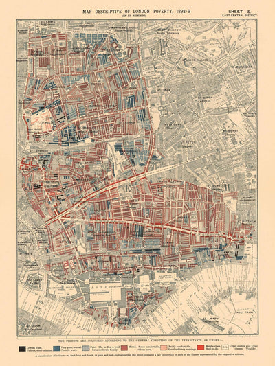 Map of London Poverty 1898-9, East Central District, by Charles Booth - Hackney, Shoreditch, Tower Hamlets - E2, E1, E1W, EC2, EC3