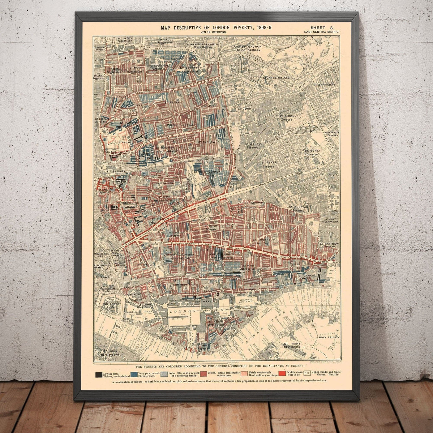 Map of London Poverty 1898-9, East Central District, by Charles Booth - Hackney, Shoreditch, Tower Hamlets - E2, E1, E1W, EC2, EC3