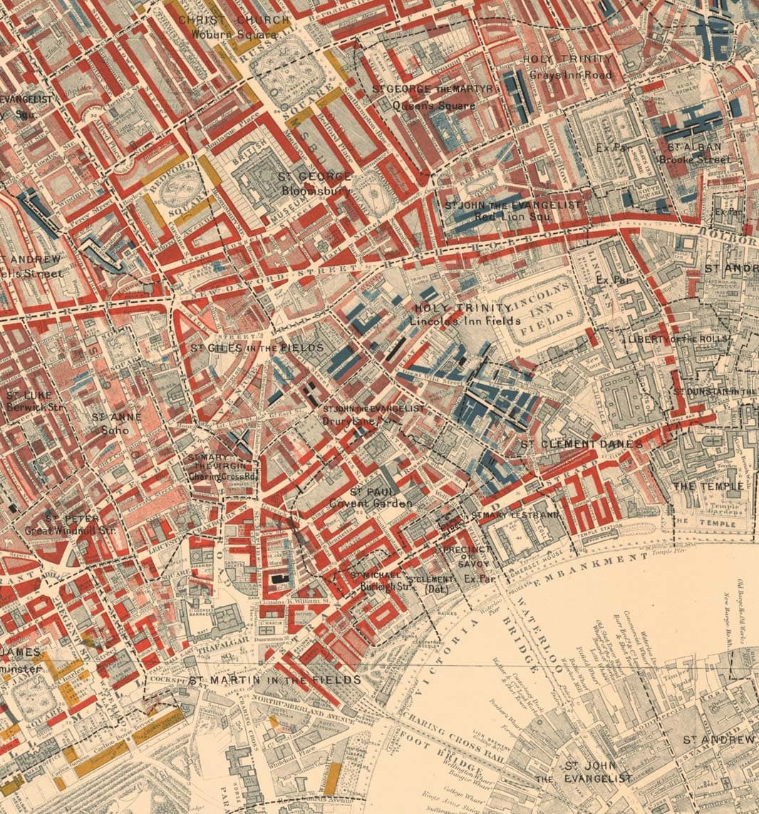 Map of London Poverty 1898-9, West Central District, by Charles Booth - Westminster, Camden, City of London, Islington - W1, WC1, WC2, EC1, N1