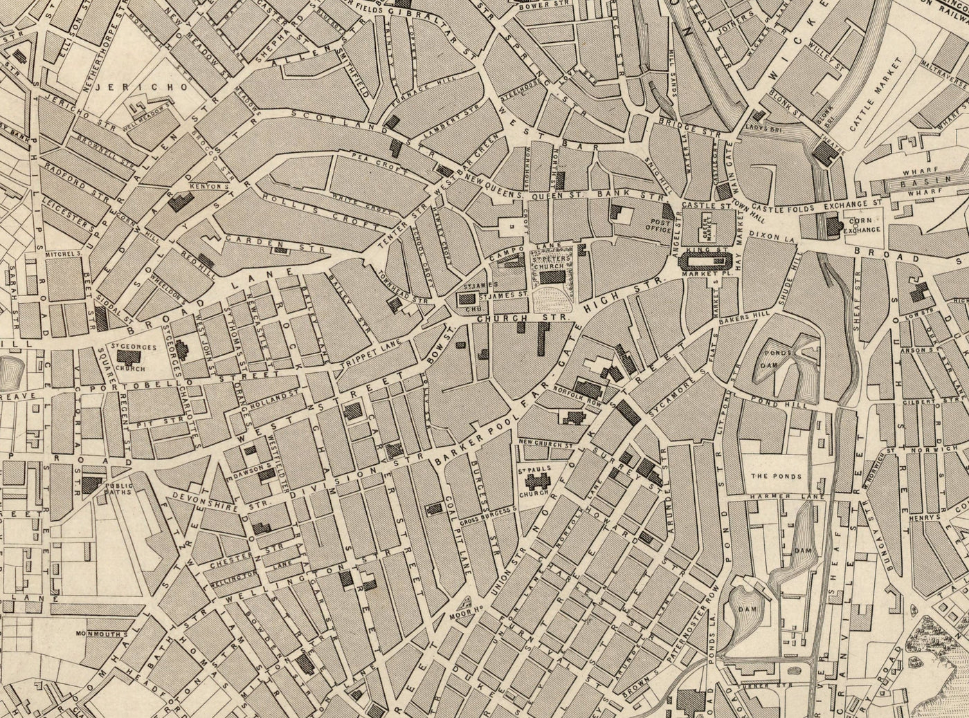 Old Map of Sheffield, Yorkshire in 1851 by Tallis & Rapkin