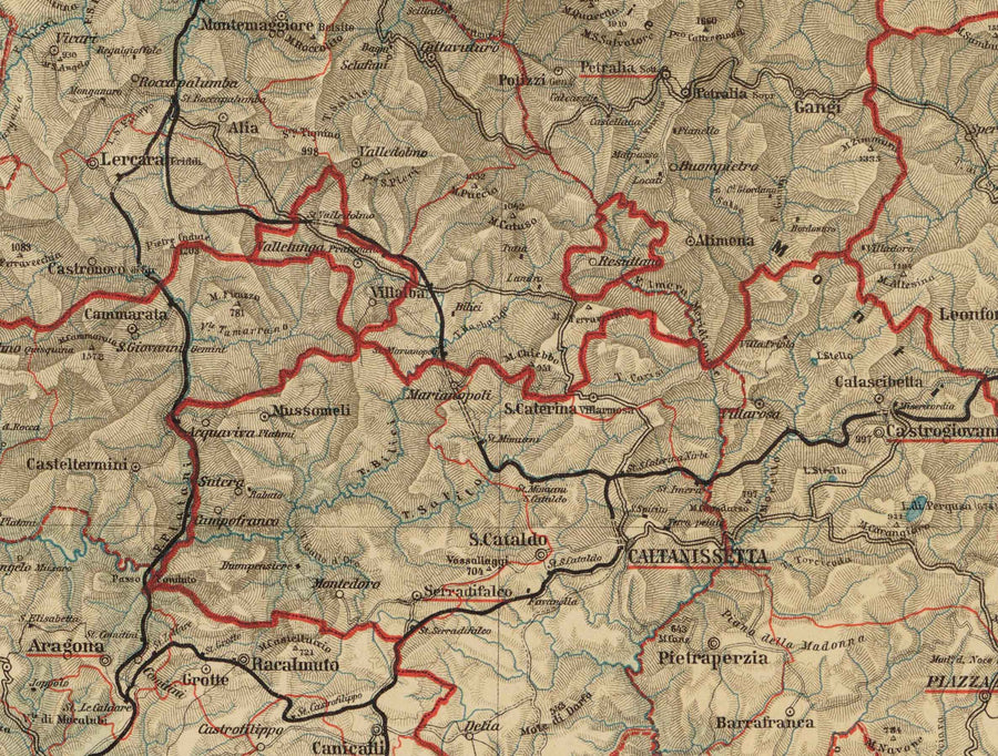 Mappa antica della Sicilia nel 1891 di Wilhelm Fritzsche - Palermo, Catania, Messina, Marsala, Sciacca 
