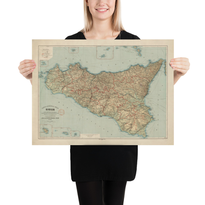 Mappa antica della Sicilia nel 1891 di Wilhelm Fritzsche - Palermo, Catania, Messina, Marsala, Sciacca 