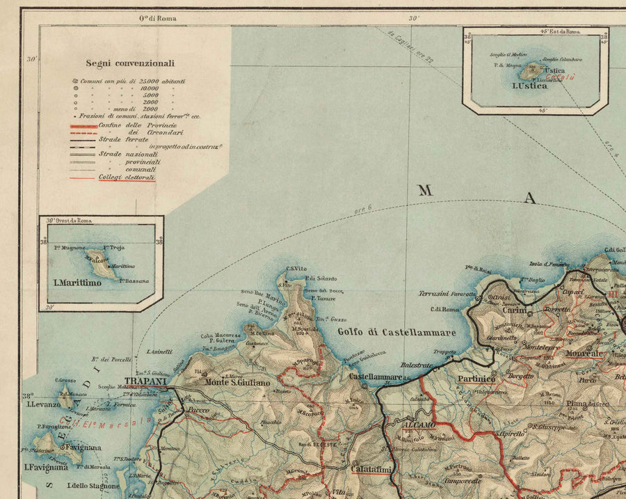 Mappa antica della Sicilia nel 1891 di Wilhelm Fritzsche - Palermo, Catania, Messina, Marsala, Sciacca 