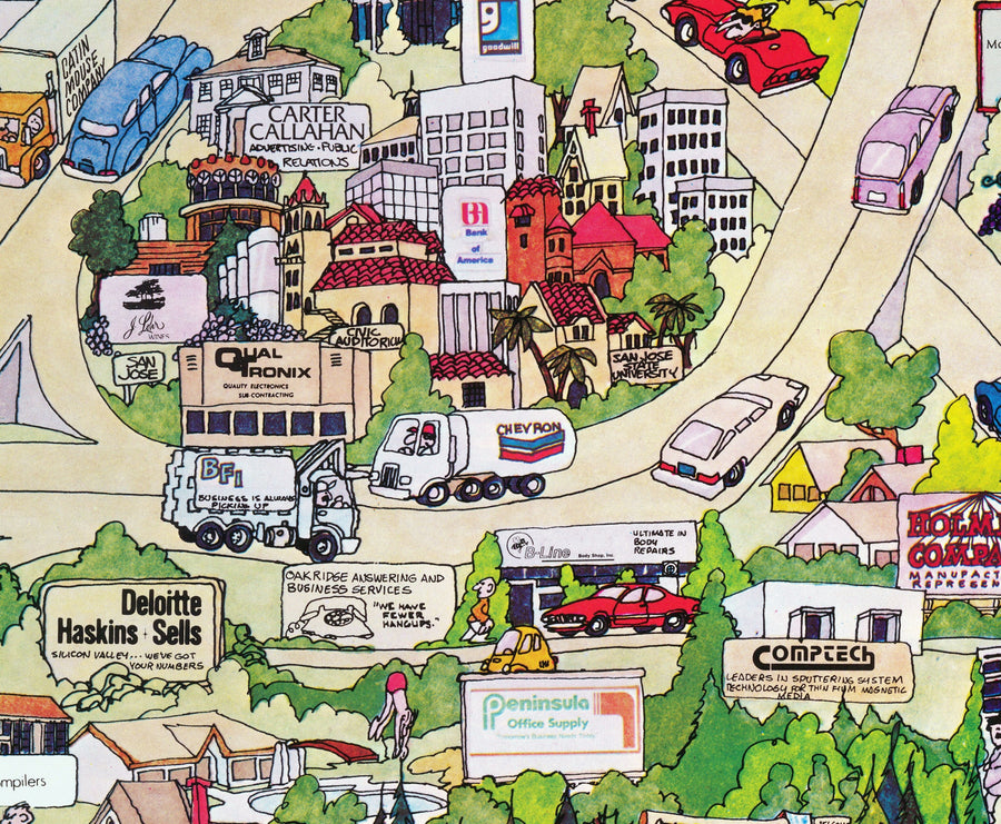Mappa rara e antica della Silicon Valley, 1985 - Carta pittorica di Mountainview, Sunnyvale, Cupertino, San Jose, Fremont 