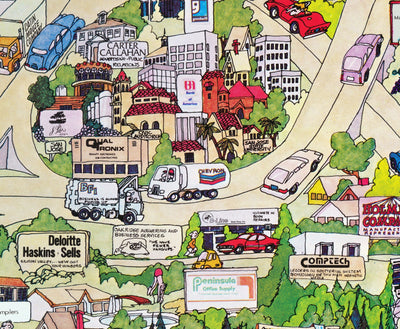 Rare Old Map of Silicon Valley, 1985 - Pictorial Chart of Mountainview, Sunnyvale, Cupertino, San Jose, Fremont