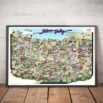 Mappa rara e antica della Silicon Valley, 1985 - Carta pittorica di Mountainview, Sunnyvale, Cupertino, San Jose, Fremont 
