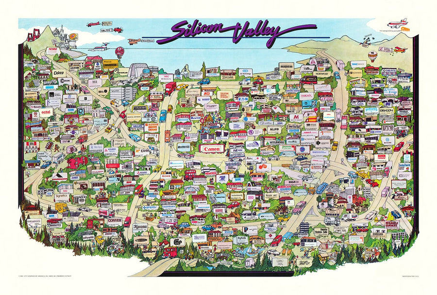 Mappa rara e antica della Silicon Valley, 1985 - Carta pittorica di Mountainview, Sunnyvale, Cupertino, San Jose, Fremont 