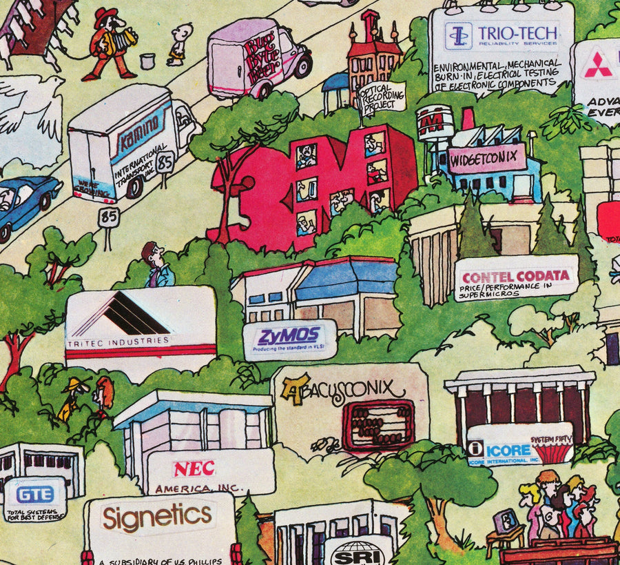 Mappa rara e antica della Silicon Valley, 1985 - Carta pittorica di Mountainview, Sunnyvale, Cupertino, San Jose, Fremont 